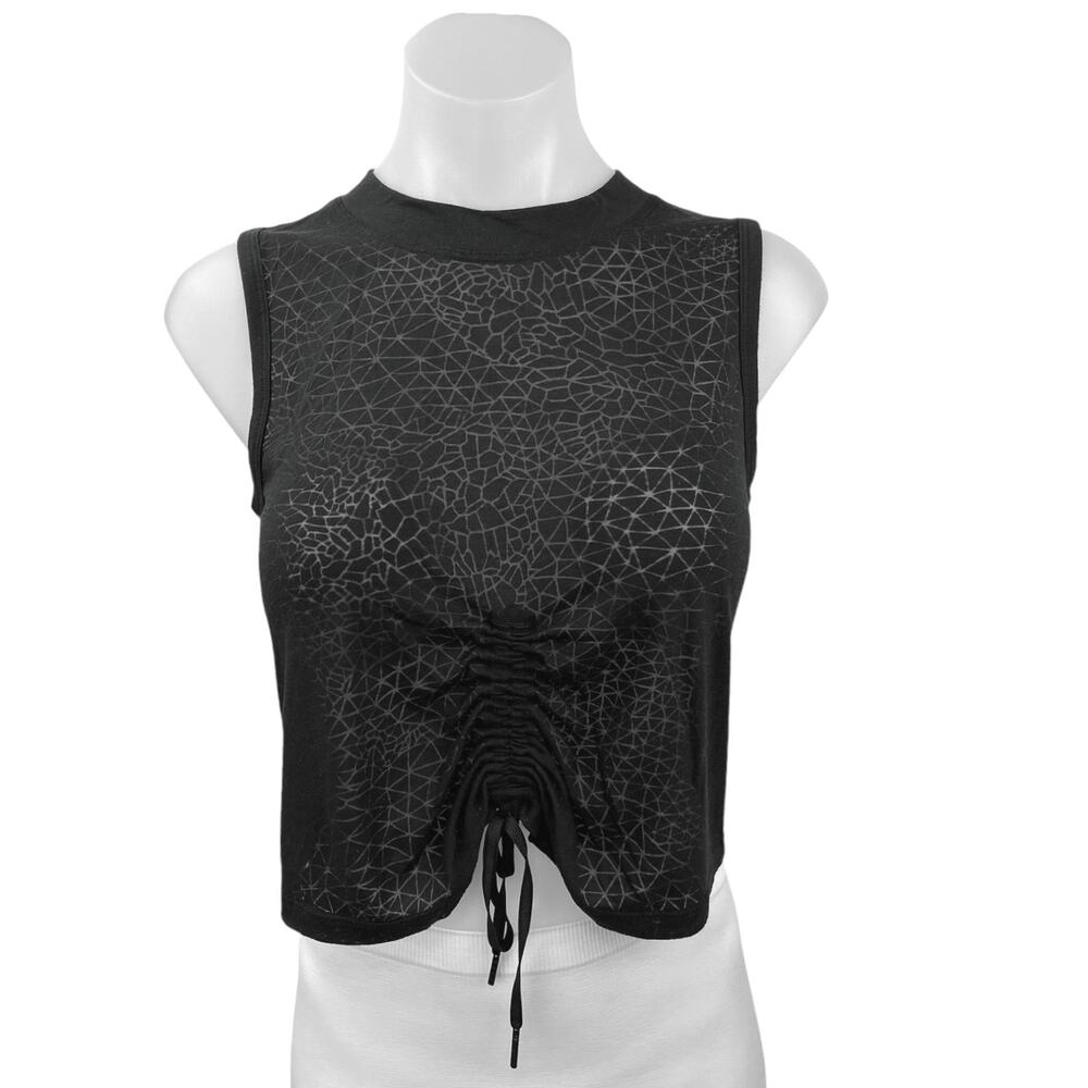 Lululemon Black Geometric Crew Neck Ruched Tie Front Athletic Crop Top Size 4